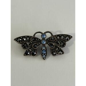 Vintage Sterling Silver Butterfly Brooch Pin Blue Stones